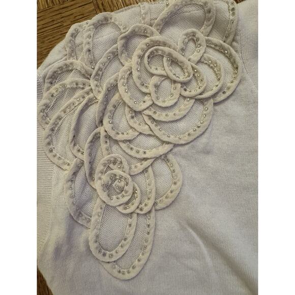 Ann Taylor Floral Embellished Cardigan Short Sleeve Shirt Career Cream Crystal - Picture 2 of 7